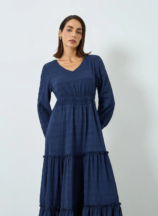 Take Two Women Navy Blue Textured Pleated Detail Maxi Dress